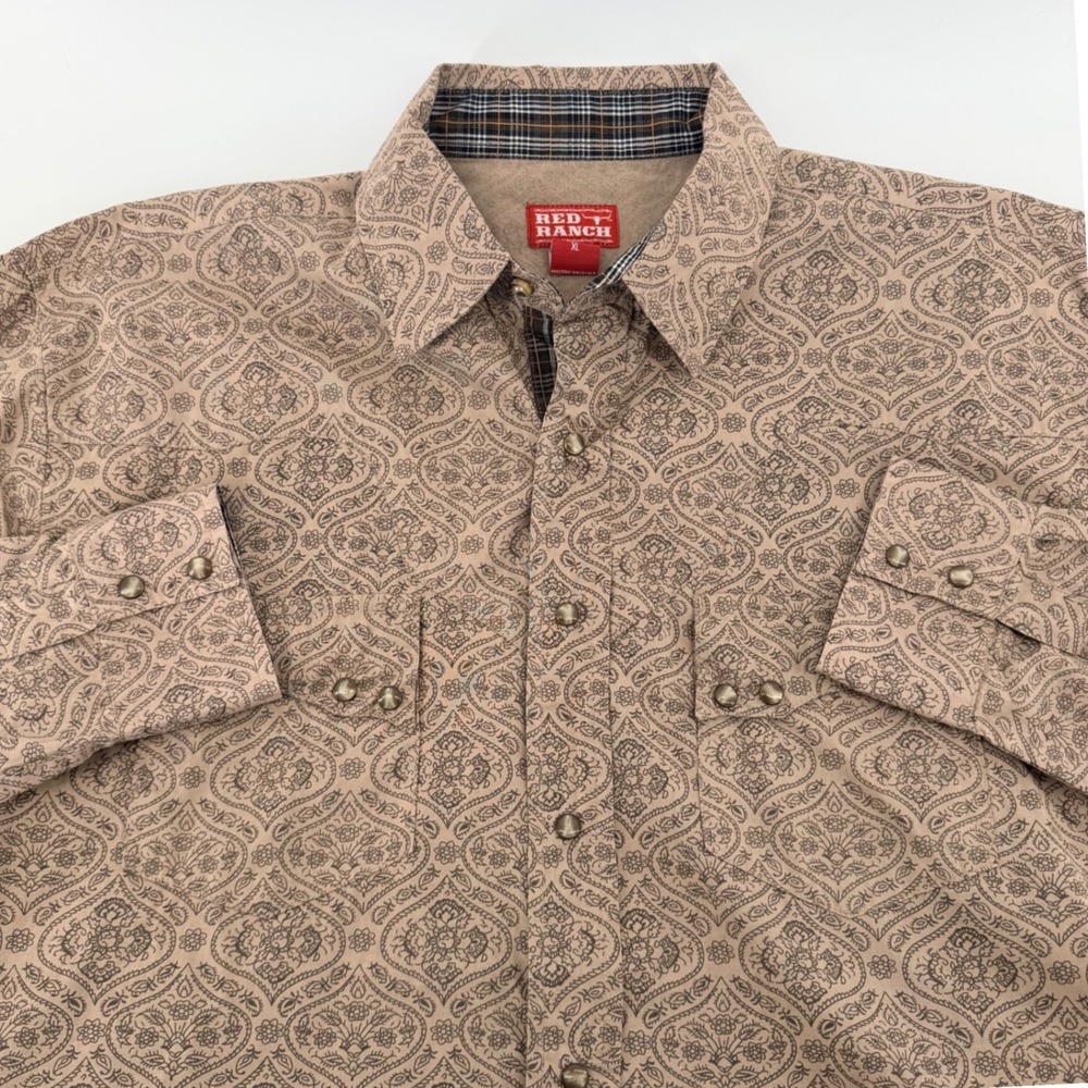 Red Ranch Western Pearl Snap Shirt‎ Paisley Print Cotton Cowboy XL Tan Brown